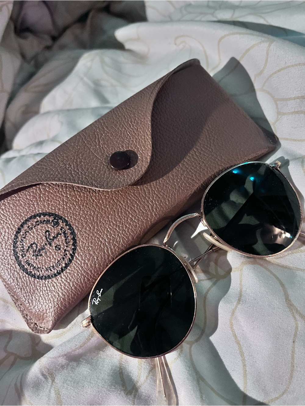 Ray-Ban Gold Frame Sunglasses with Black Lenses and Brown Case